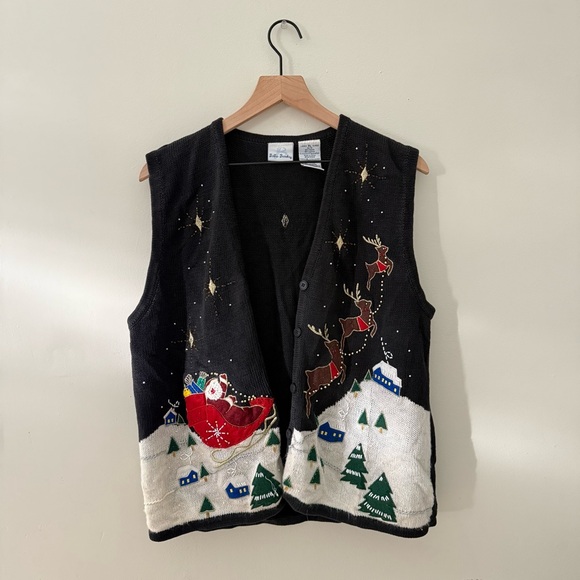 Christmas Sweater Vest Beaded Accents Santa and Reindeer Snowscape - Picture 2 of 8